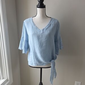 Made In Italy Womens Top Light Blue Linen Size S/M  3/4 Eyelet Bell Sleeves